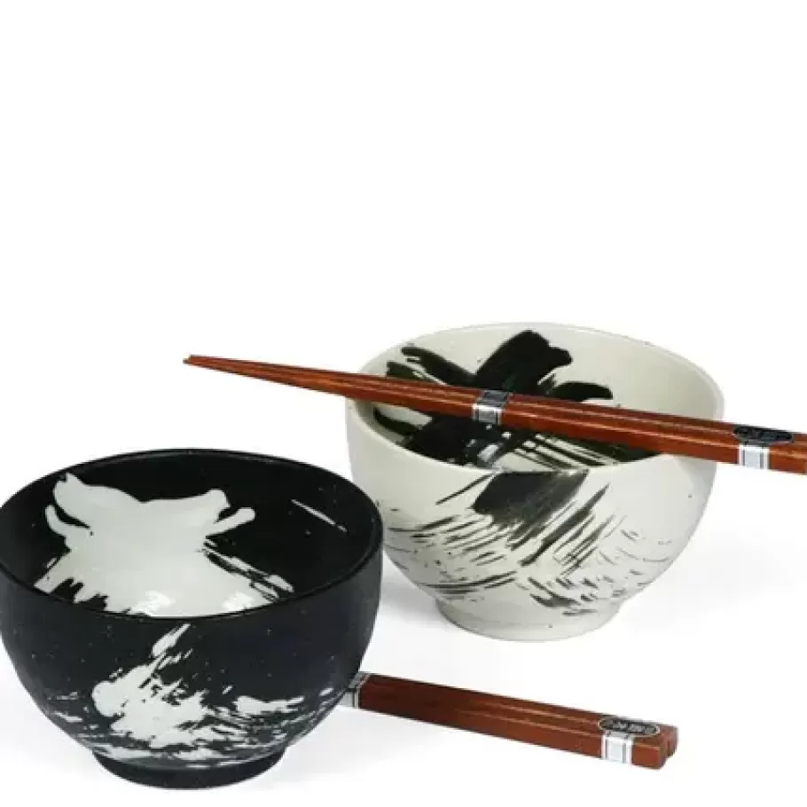 MIYA Company Bowl Sets^Black & White Brush Stroke 5" Bowl For Two Set