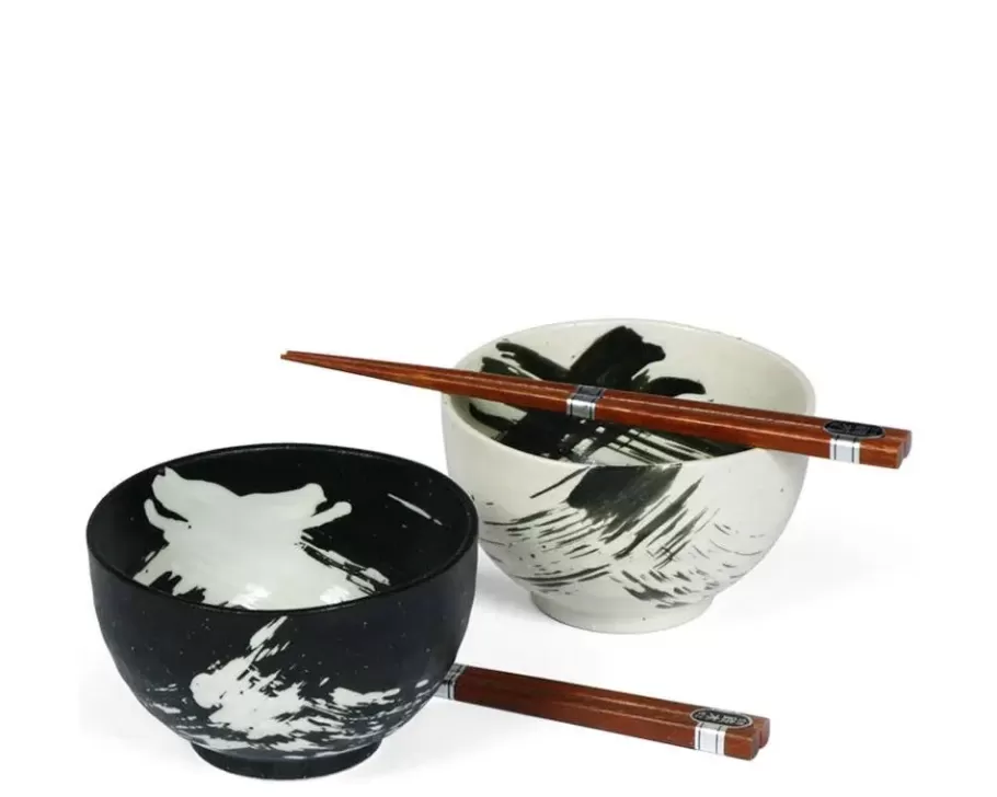 MIYA Company Bowl Sets^Black & White Brush Stroke 5" Bowl For Two Set