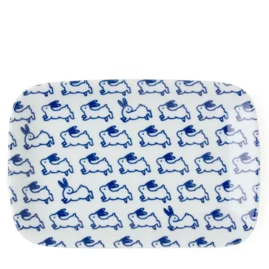 MIYA Company Rabbits^Blue & White 6.5" X 4.25" Plate - Rabbits