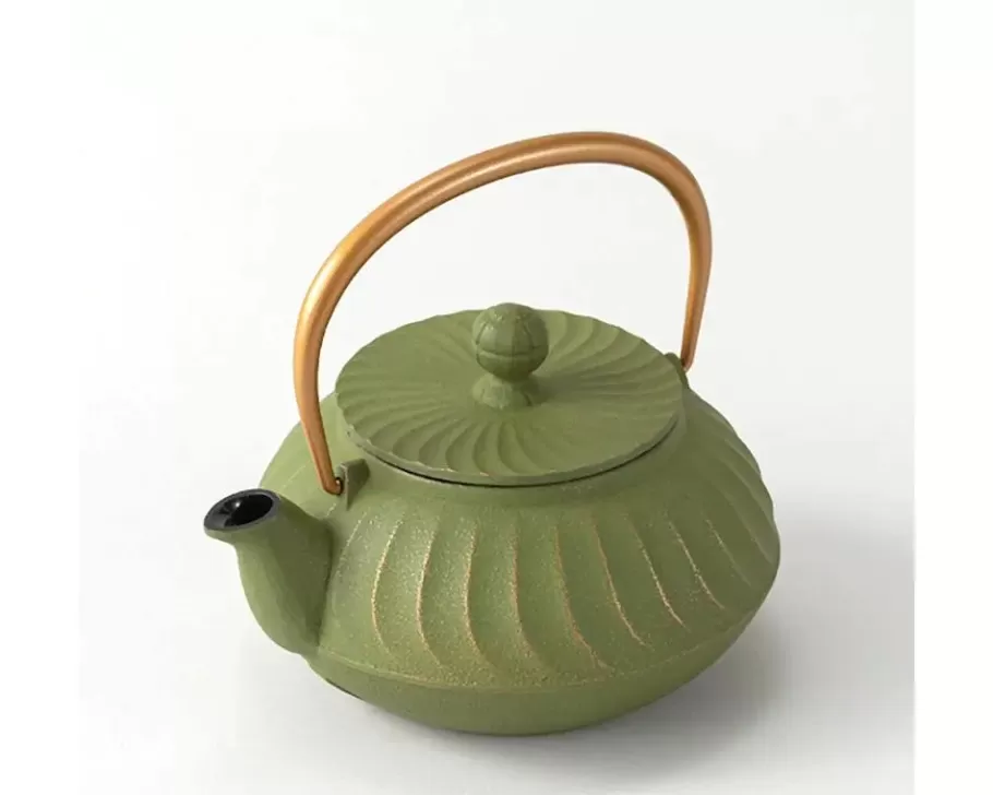 MIYA Company Teapots - Cast Iron^Cast Iron Teapot Olive Green Wave Gold Handle