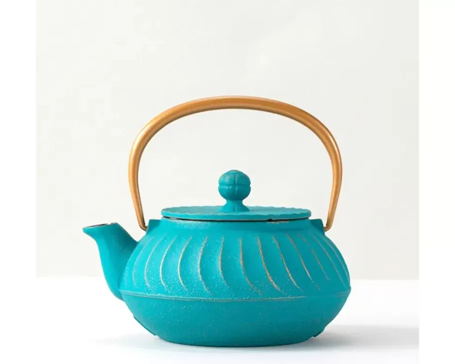 MIYA Company Teapots - Cast Iron^Cast Iron Teapot Teal Wave Gold Handle