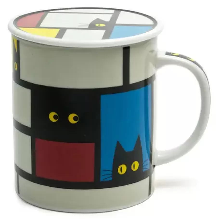 MIYA Company Cups/Mugs^Cubist Cat 8 Oz. Lidded Mug - Gray