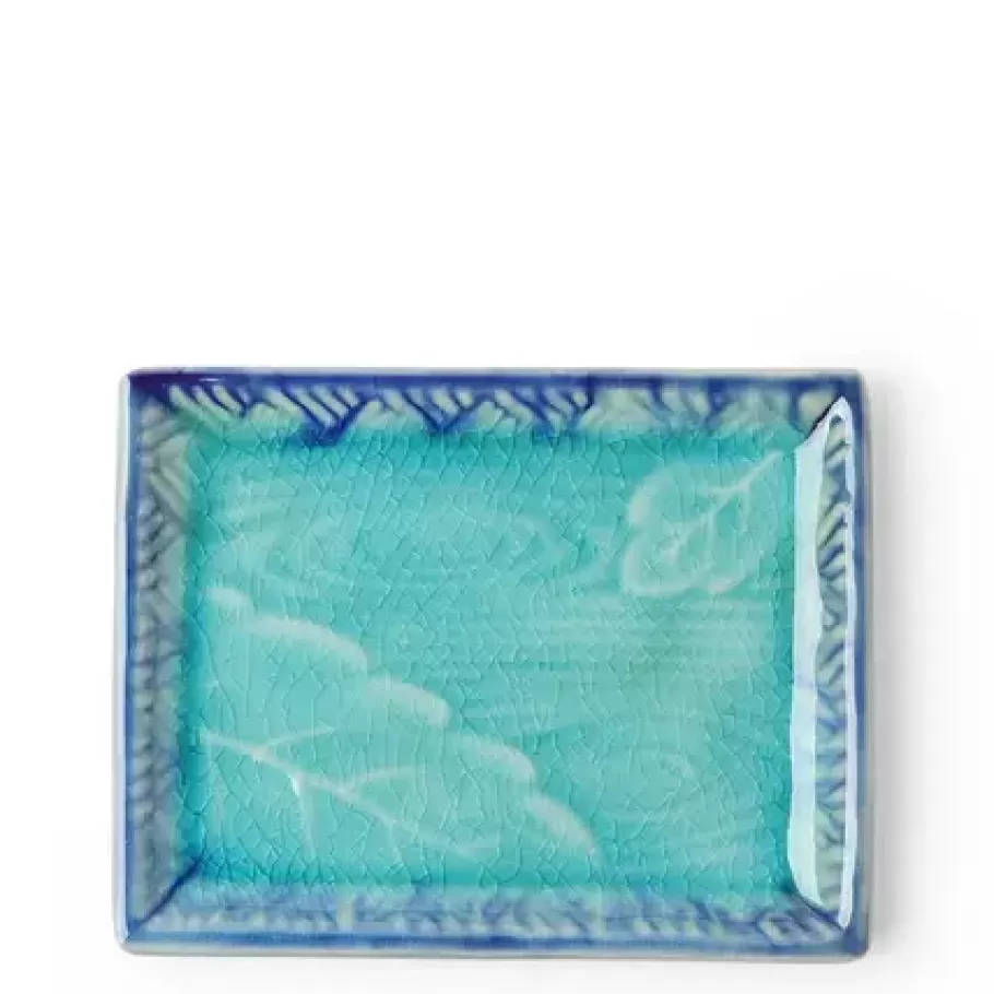 MIYA Company Small Plates^Plate Rectangle Turquoise Crackle Leaf/Pond