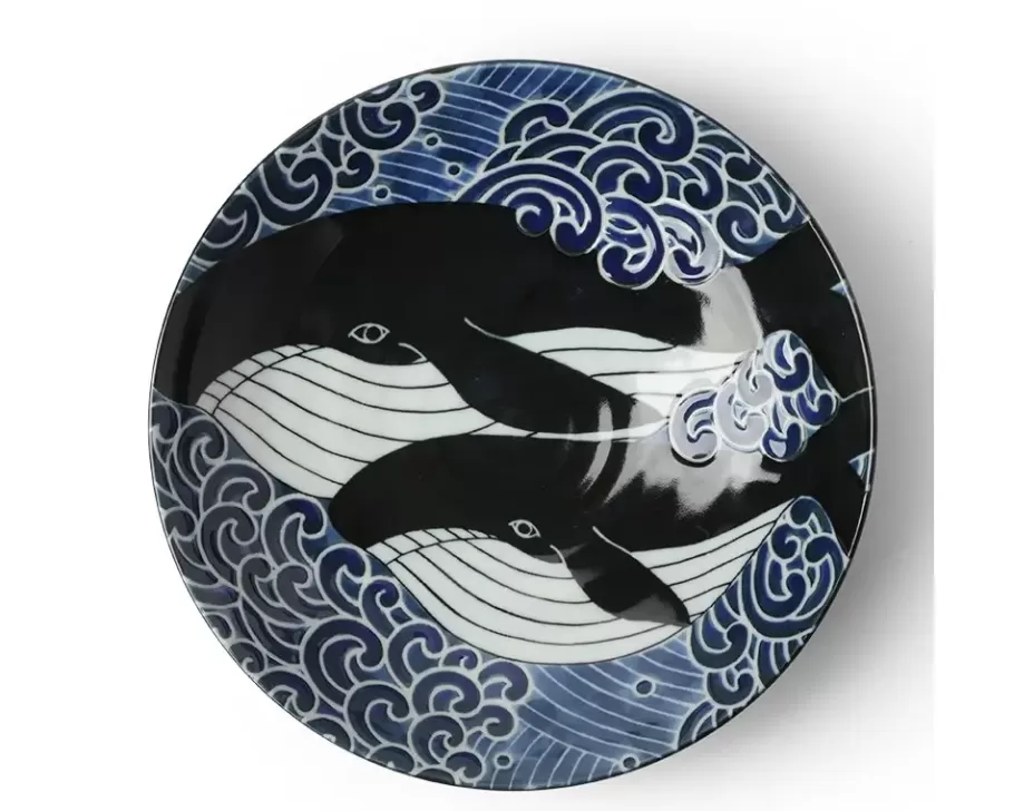 MIYA Company Bowls^Shallow Bowl Blue Whale Waves 8-1/2"